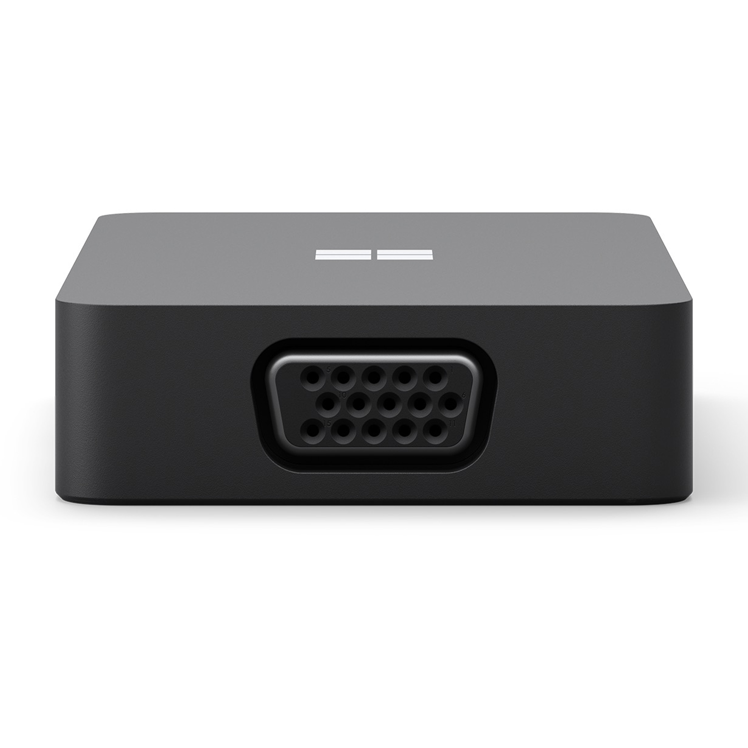 Un adattatore surface Microsoft nero con una porta VGA e il logo Microsoft.
