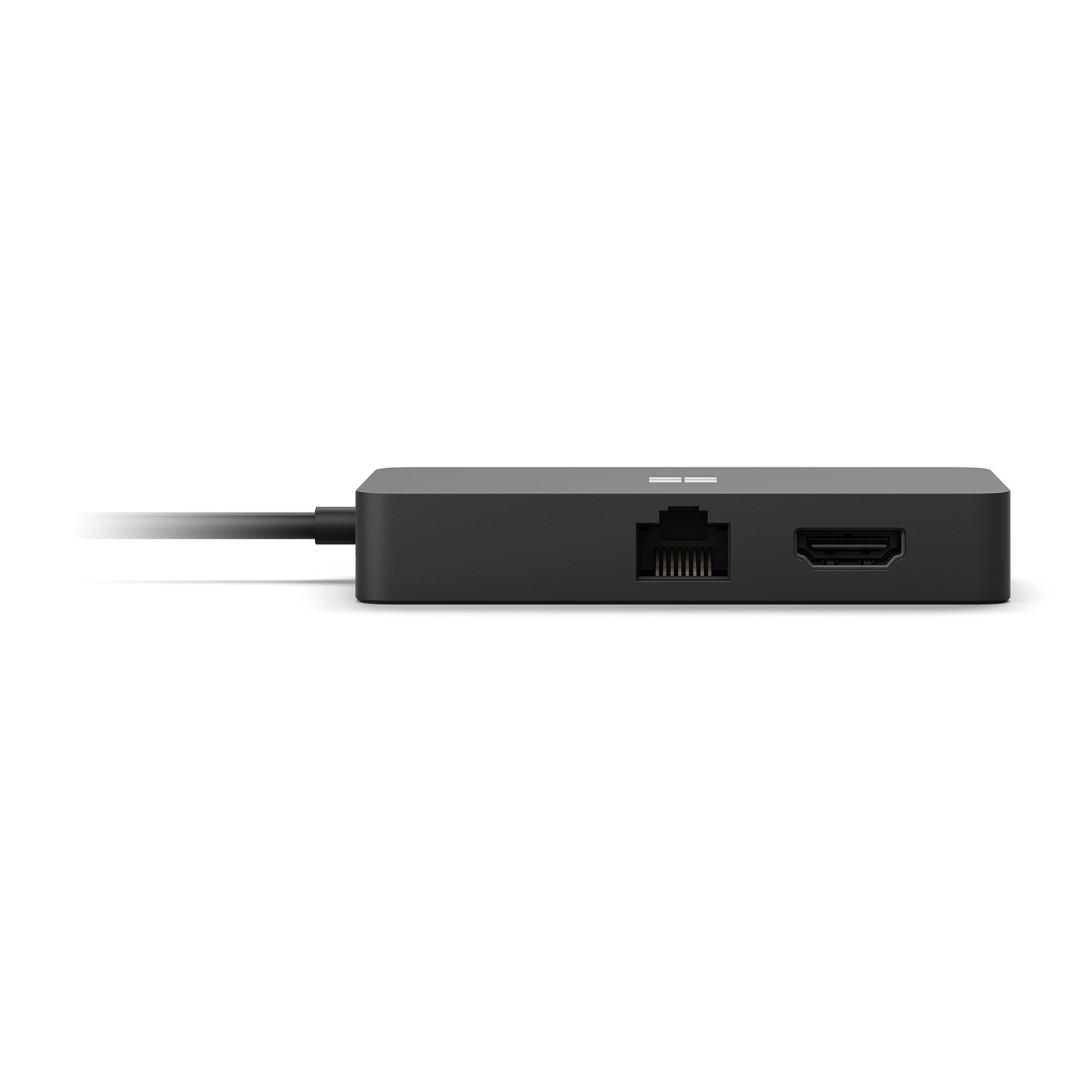 Docking station Microsoft nera con porte e cavo su sfondo bianco.
