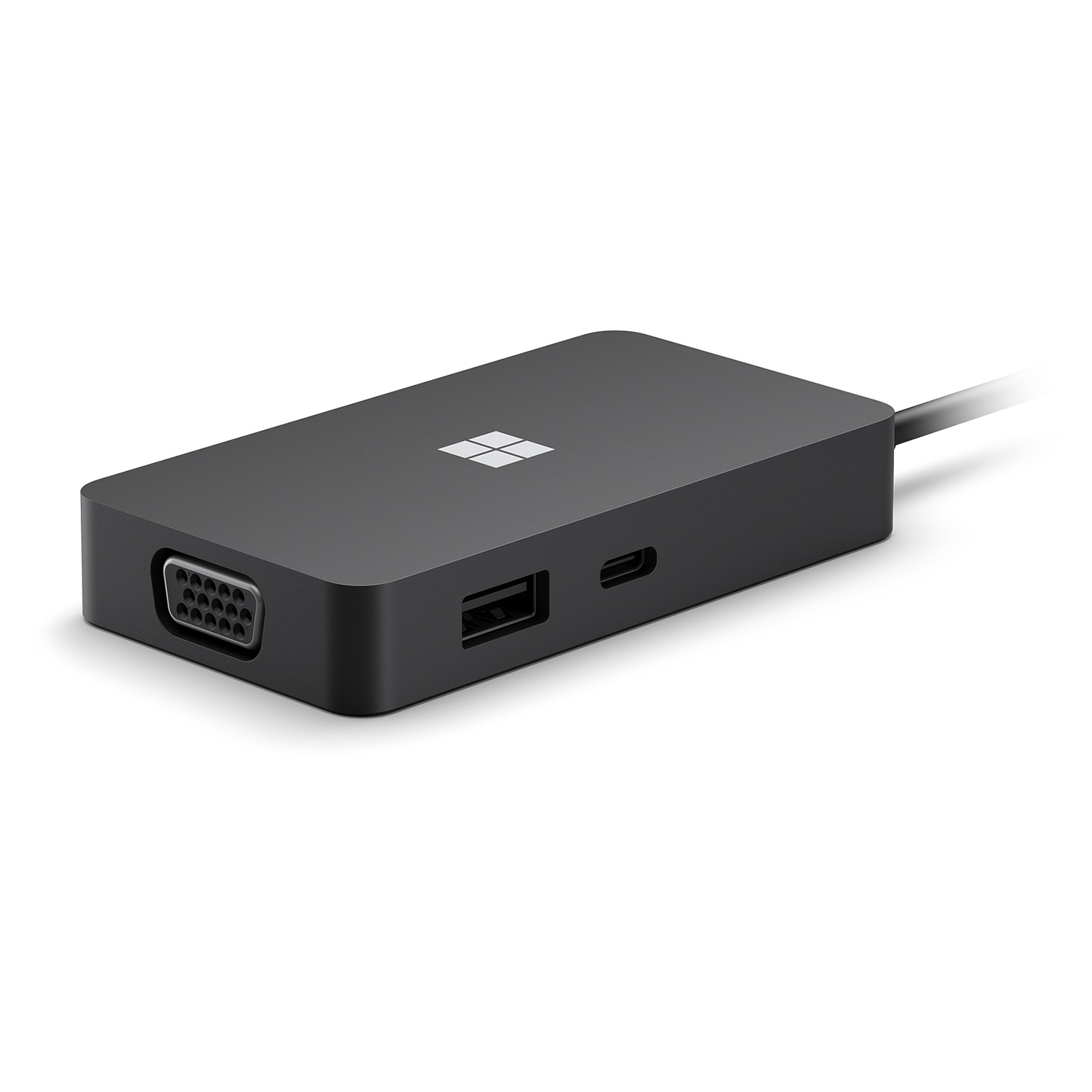 Hub Microsoft Surface nero con porte, vista angolata e cavo di collegamento.