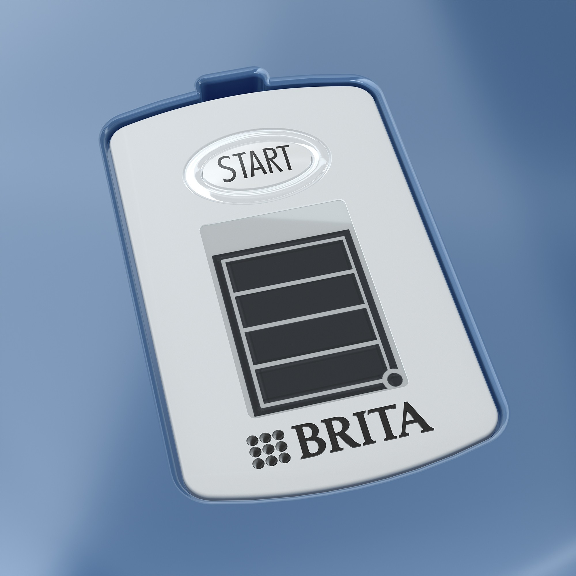 Egy fehér Brita vízszűrő-jelző. Tartalmaz egy 'Start' gombot, egy akkumulátor-mérőt és a Brita logót.