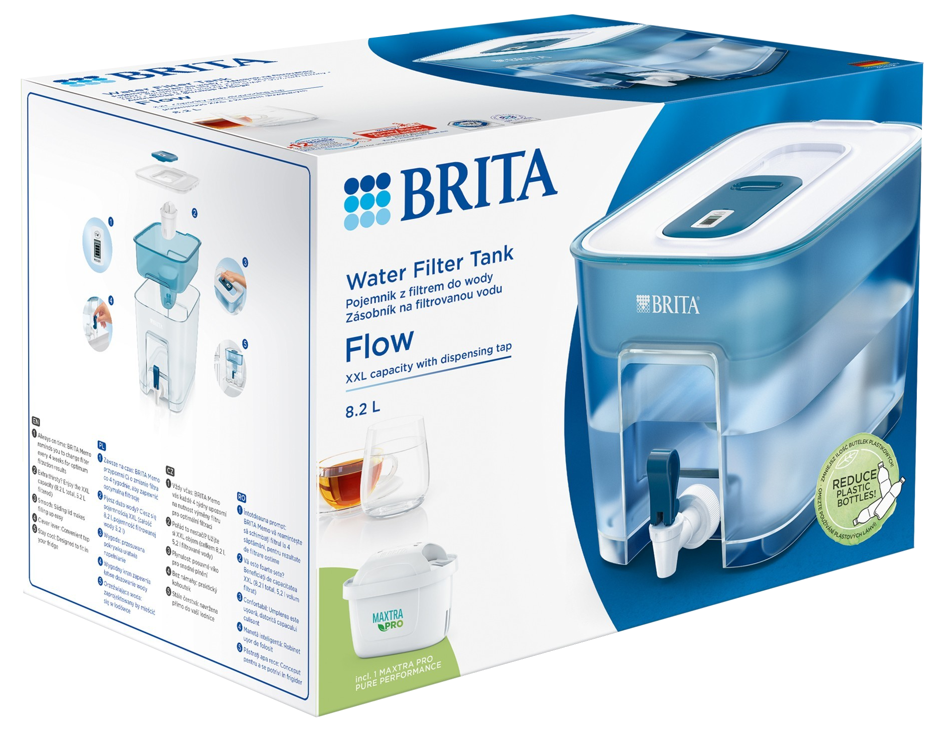 Brita vízszűrő tartály doboz, a tartállyal, a szűrővel és az utasításokkal. Fehér háttérrel.