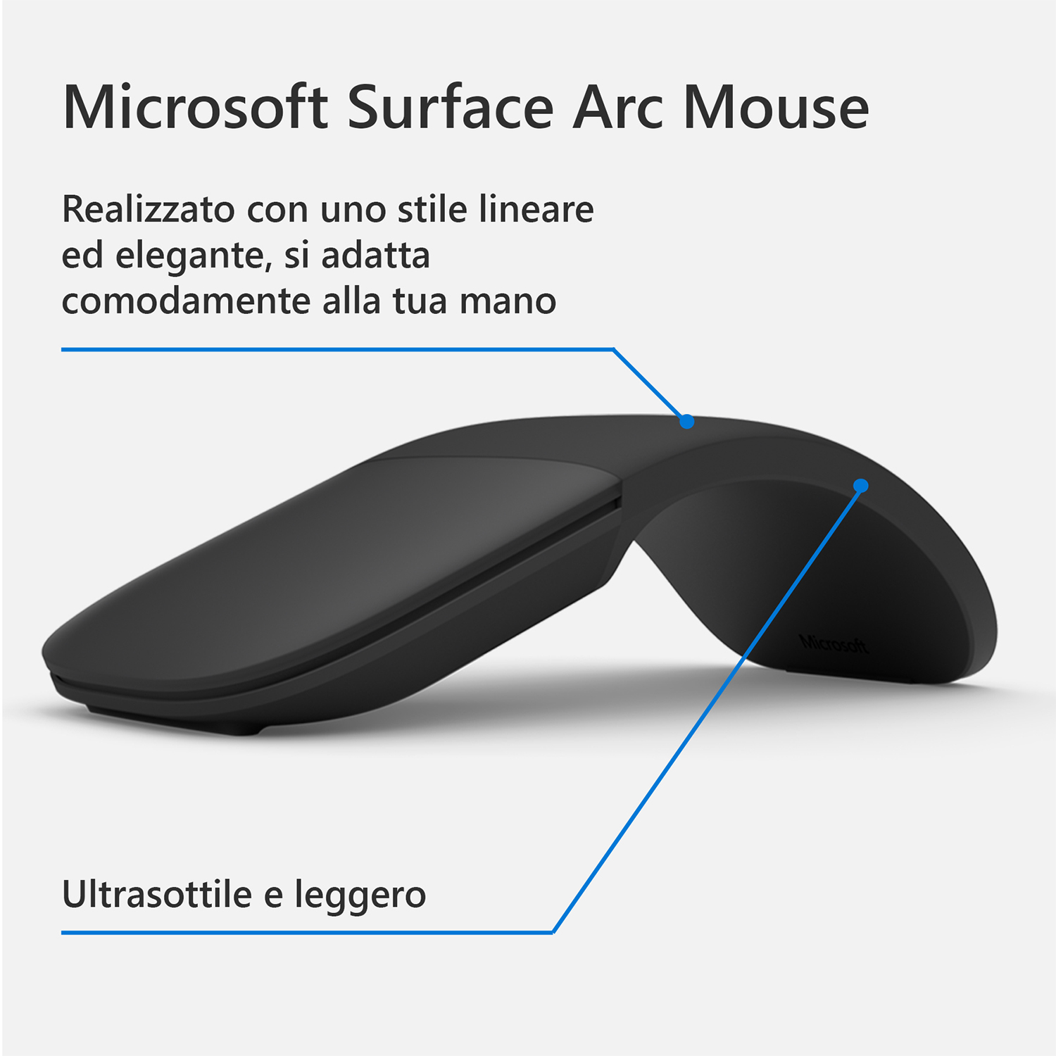 Un mouse Microsoft Surface Arc nero su sfondo bianco.