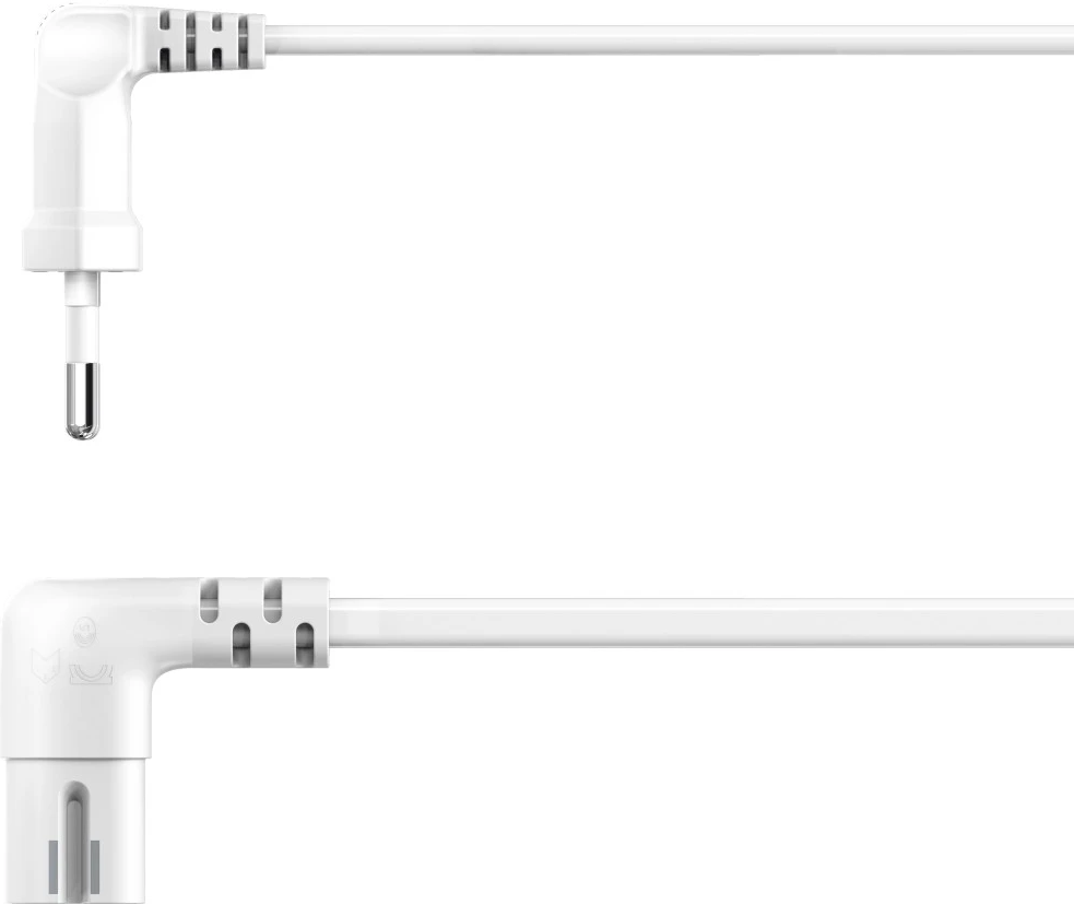 Zwei weiße, abgewinkelte Stecker für Elektronik. Einfacher, weißer Hintergrund.
