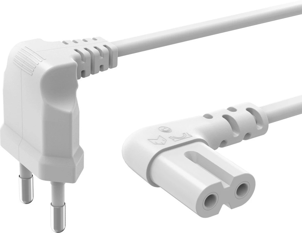Ein weißes Netzkabel mit zwei abgewinkelten Steckern.