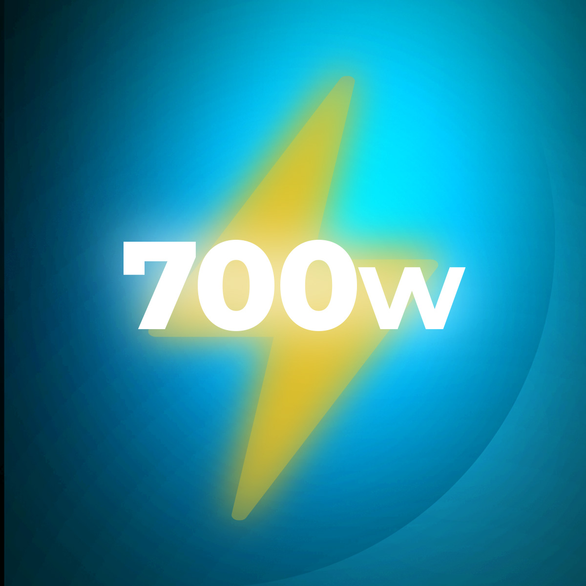Rayo amarillo con texto 700W sobre fondo azul y turquesa.