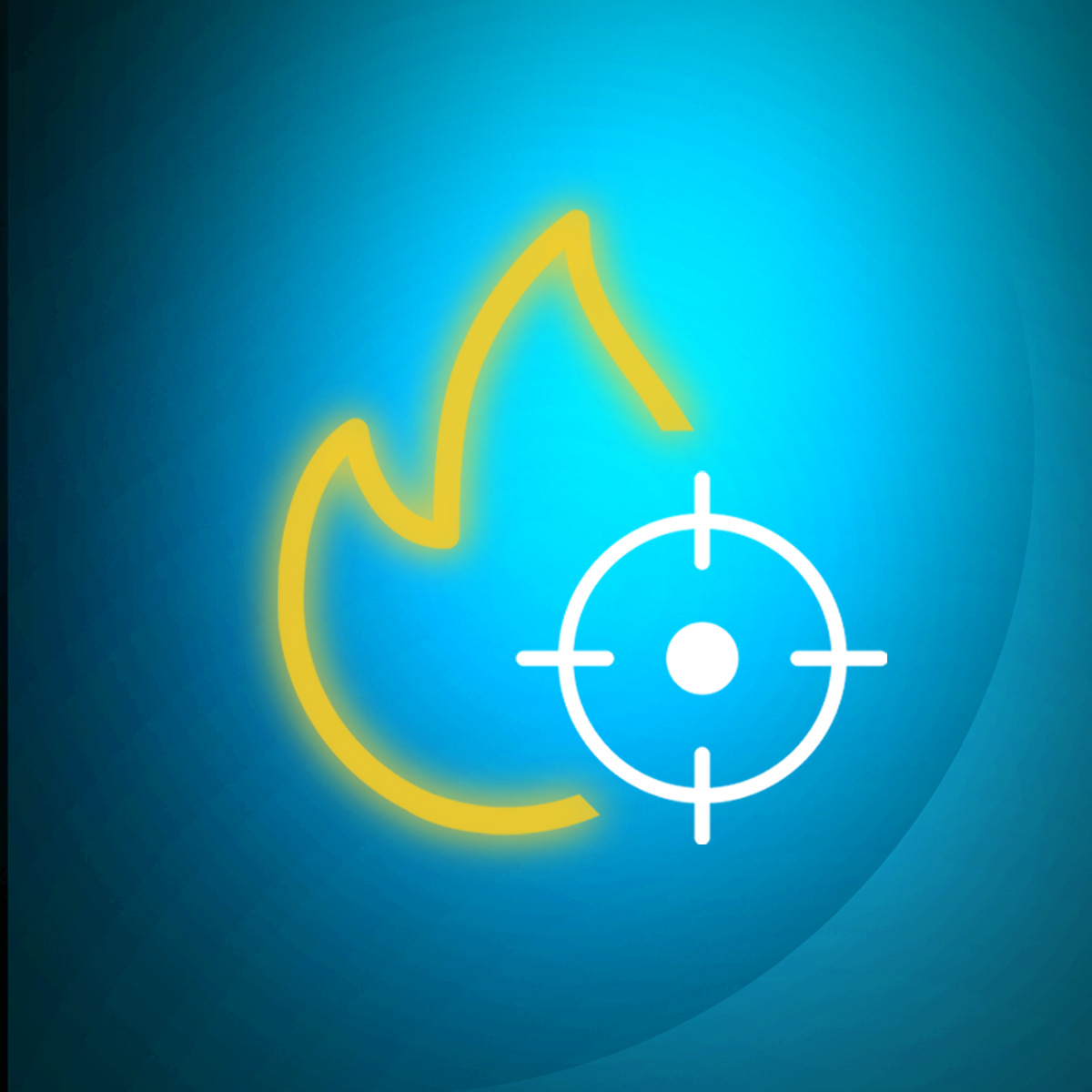 Fondo azul con una llama amarilla y un icono de diana blanco.