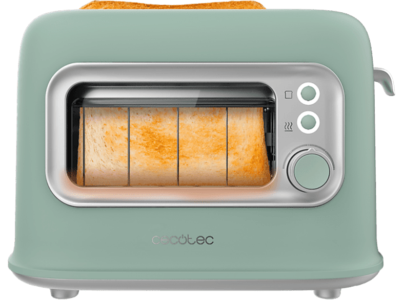 Tostadora - Cecotec RetroVision Green, 700 W, 2 ranuras, rebanadas, 5 niveles, Ventana, Incluye cubierta antipolvo, Green