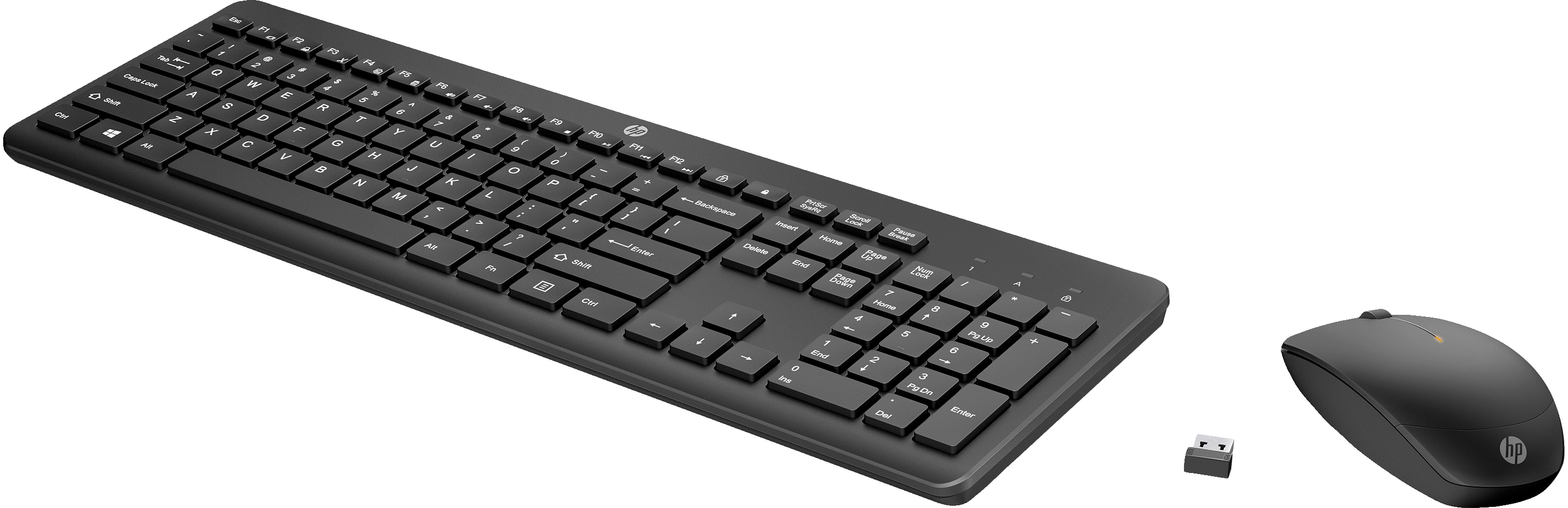 Schwarzes HP Tastatur- und Maus-Set. Die Tastatur hat ein volles Layout, und die Maus ist kabellos.