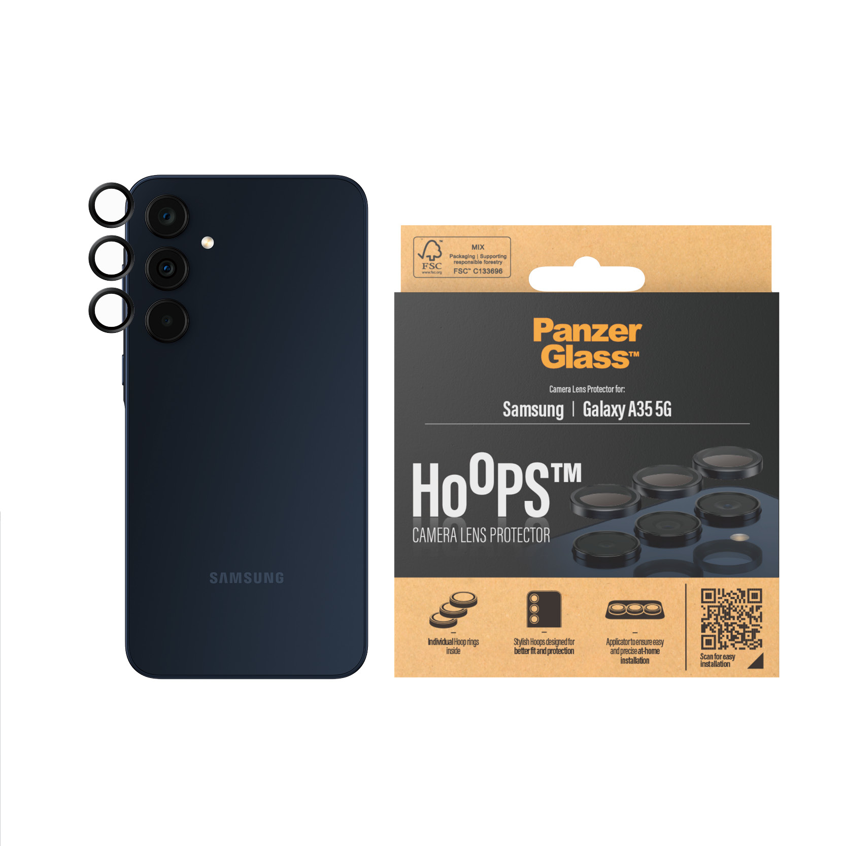 Een donkerblauwe Samsung telefoon en een lensbeschermer doos. Witte achtergrond.