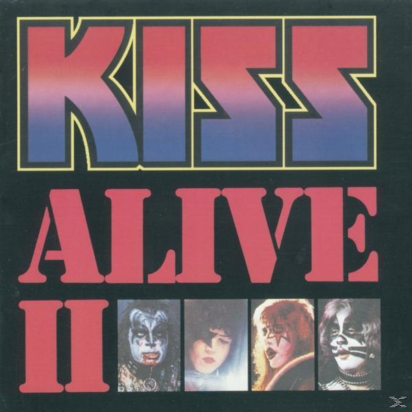 A KISS Alive II album borítója, a zenekar tagjainak arcával és a zenekar nevével piros színben.