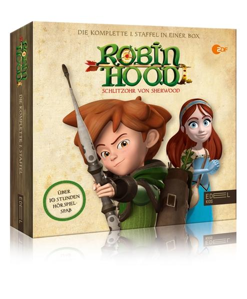 Robin Hood Hörspielbox: Zeichentrickfigur mit Bogen und Pfeil, daneben ein Mädchen.