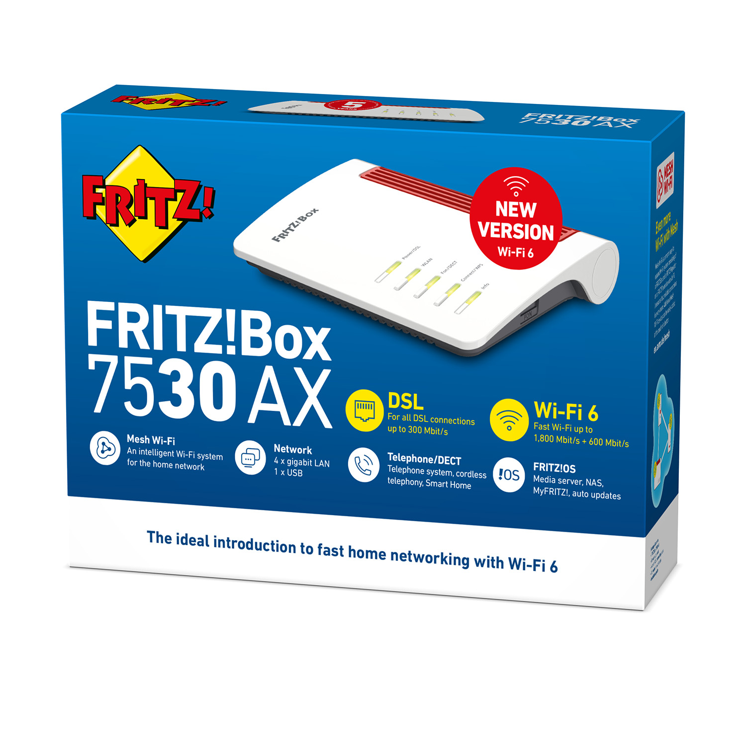Una caja de enrutador Fritiz! Box con texto y una ilustración del dispositivo.