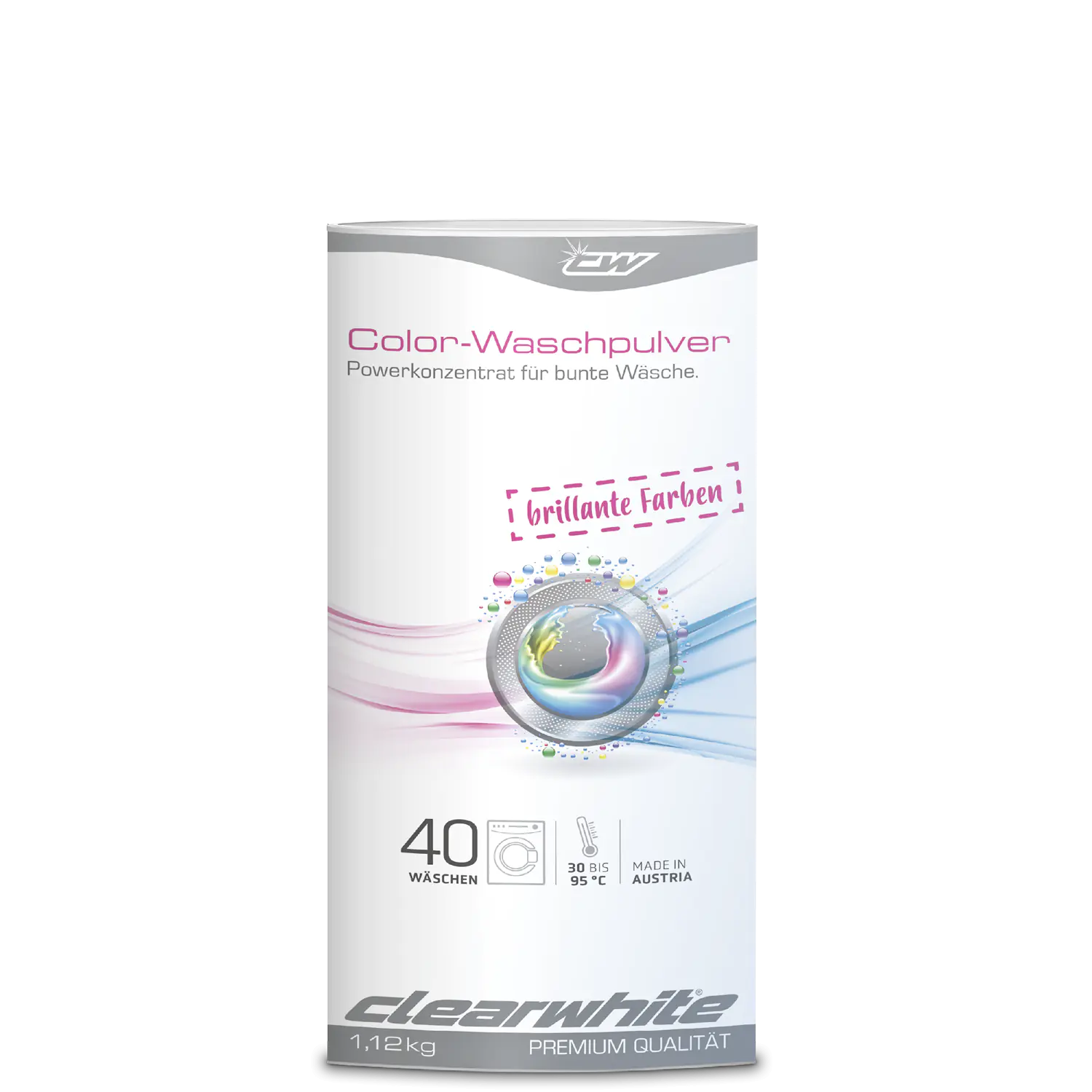 Eine weiße und lila Schachtel mit clearwhite Color-Waschpulver, mit Text und Bildern.