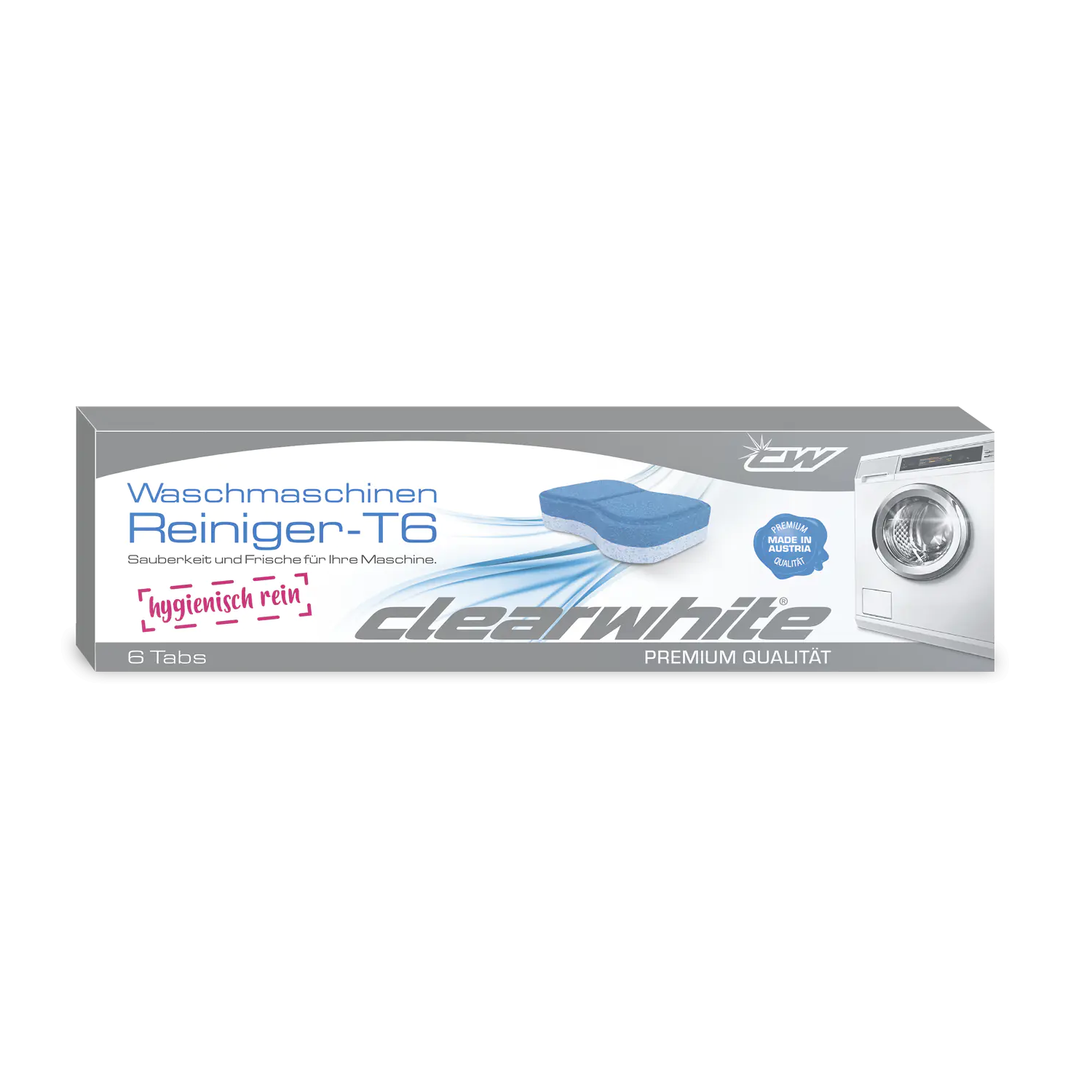 Schachtel mit Waschmaschinen-Reinigungstabs. Rechteckige Schachtel mit der Marke clearwhite.