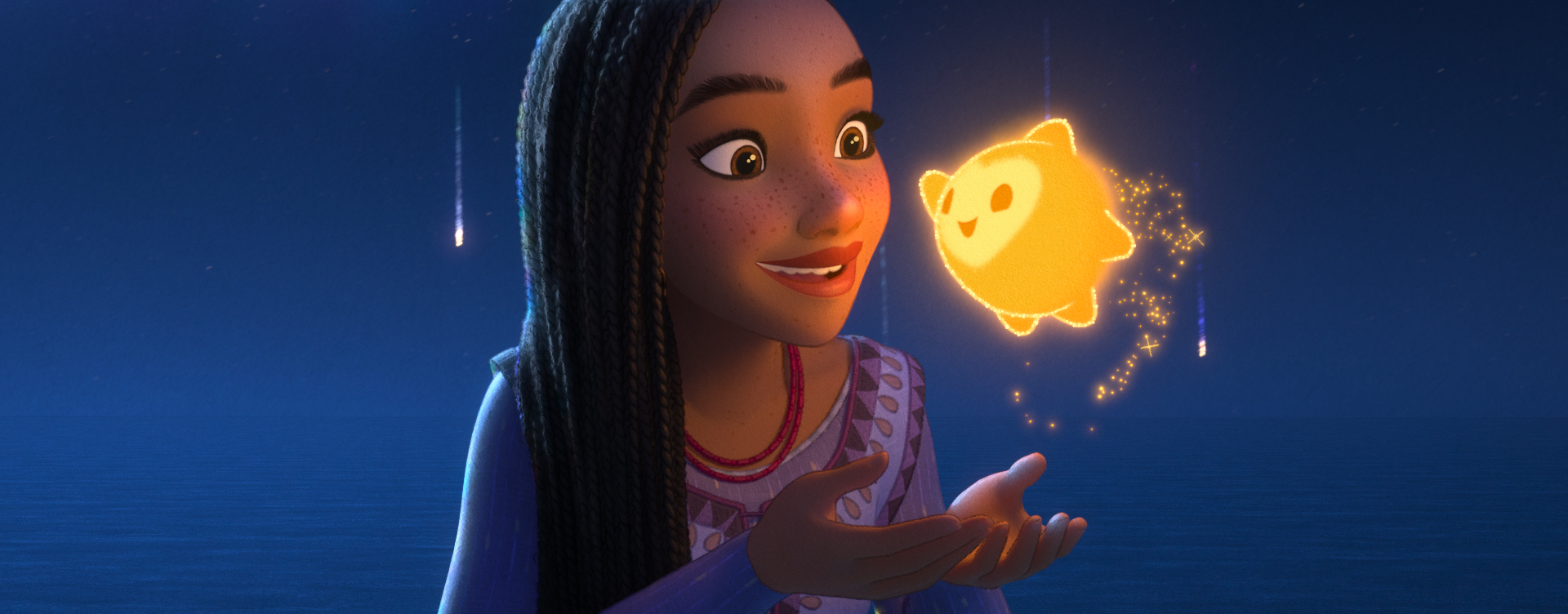 Animiertes Mädchen mit animierter Lichtkreatur, Nachthimmel-Hintergrund.