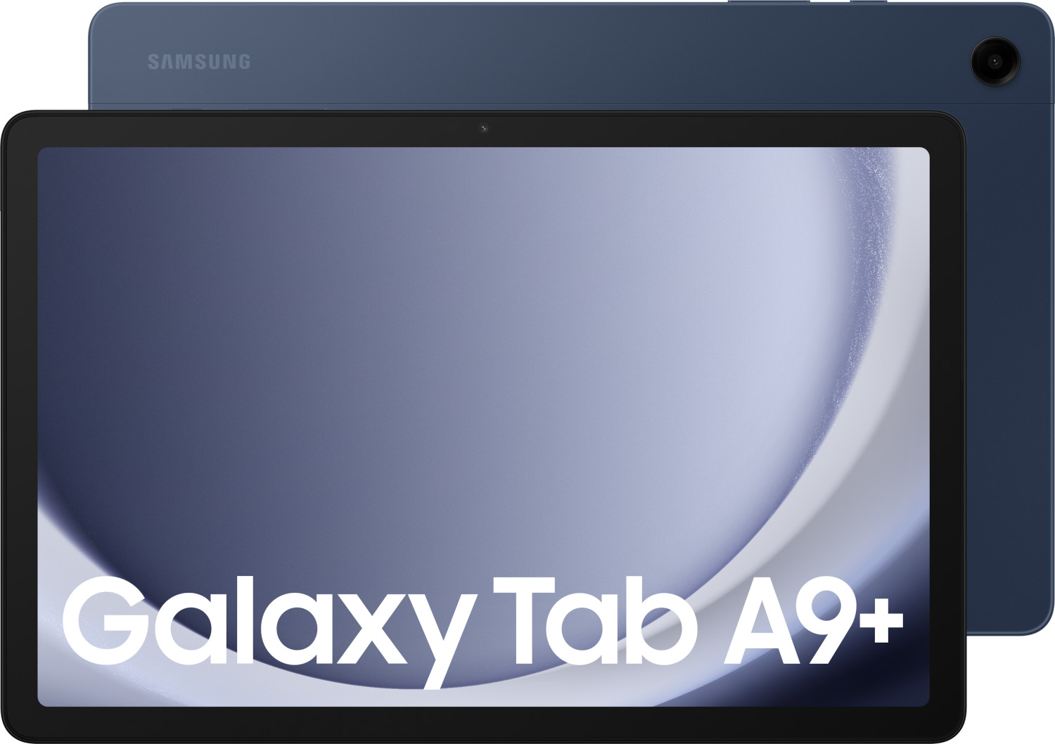 Une tablette bleue avec un cadre noir. La tablette est posée sur une autre. Le logo 'Samsung'.