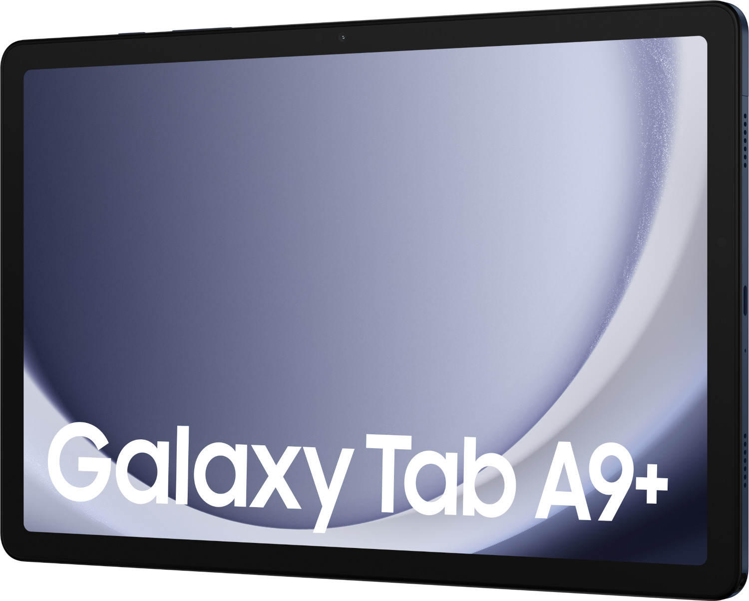 Une tablette avec le texte « Galaxy Tab A9+ » est affichée sur un fond d'ondes bleues.
