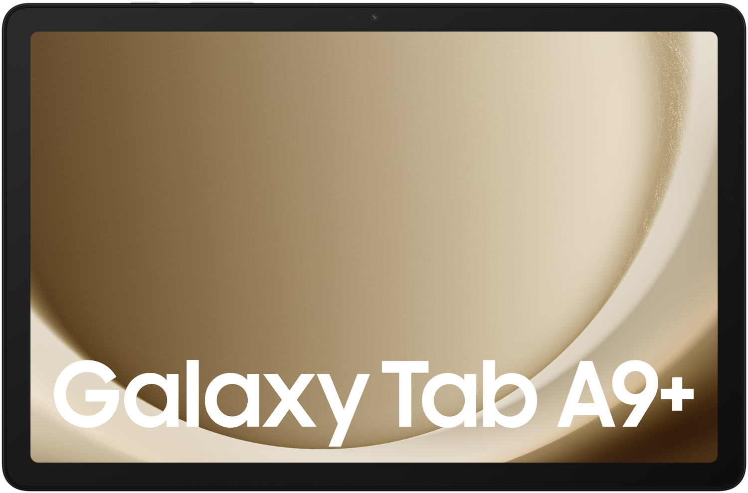 Une tablette noire avec un écran doré affichant les mots "Galaxy Tab A9+".