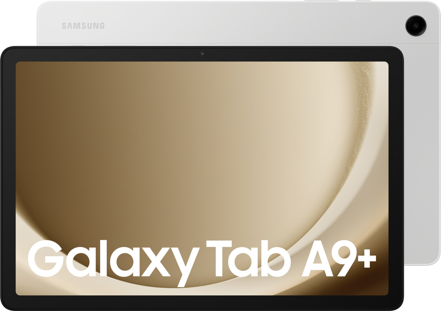 Tablette blanche avec écran noir affichant le texte 'Galaxy Tab A9+'.