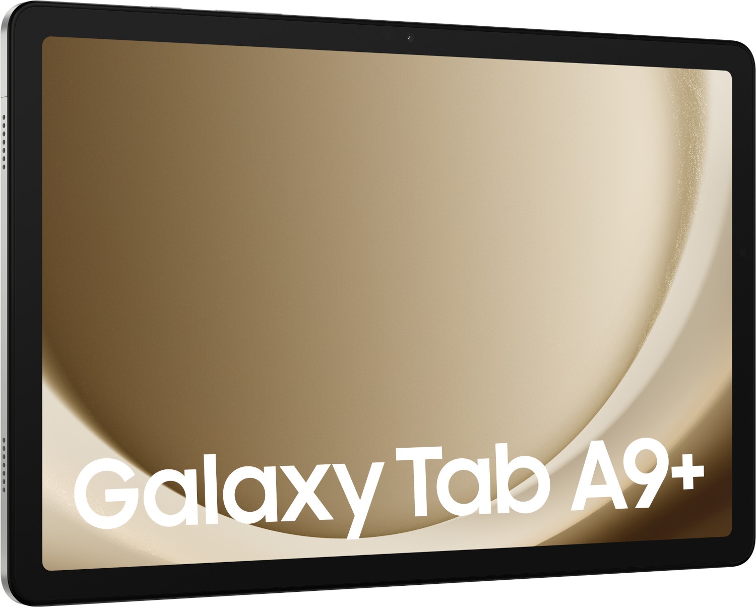 Dos de la tablette. Noir avec un objectif d'appareil photo et les mots 'Galaxy Tab A9+'. Design moderne.