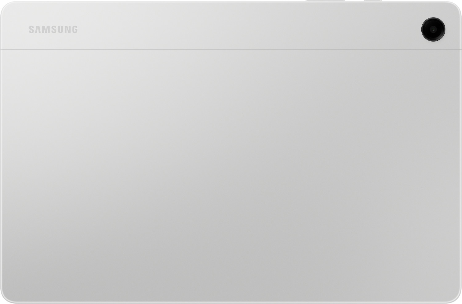 Le dos d'une tablette blanche est présenté, avec la caméra et le logo Samsung.