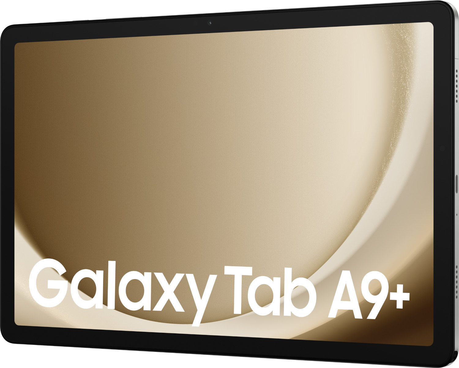 Une tablette argentée avec un écran doré et les mots 'Galaxy Tab A9+'.