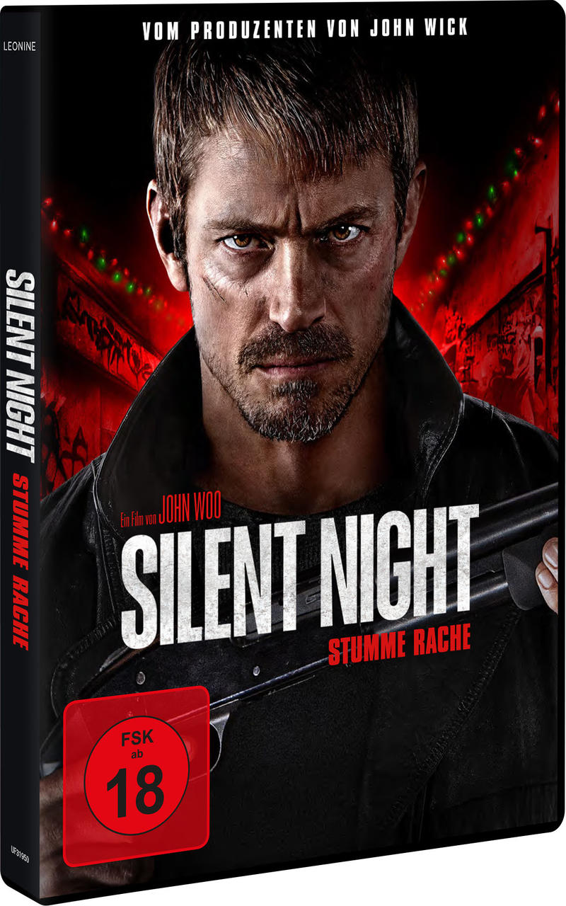 Filmcover von 'Silent Night'. Mann hält Schrotflinte; rotes und schwarzes Design.