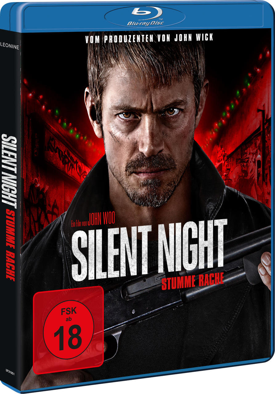 Ein Filmcover von Silent Night mit einem Mann, der eine Waffe hält. Das Cover ist blau und hat Text.