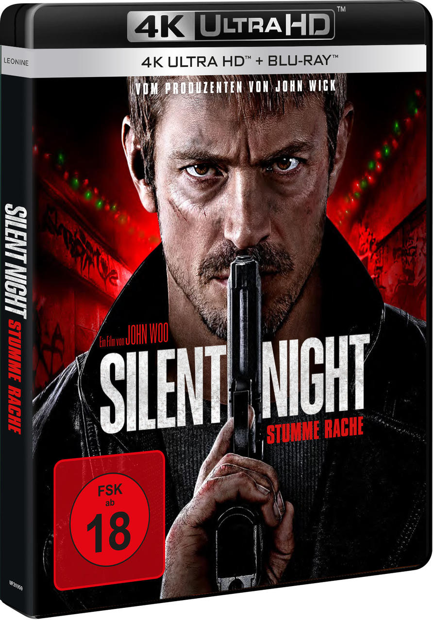Filmcover für "Silent Night" mit einem Mann, der eine Pistole hält. Text enthält "4K Ultra HD" und "John Woo".