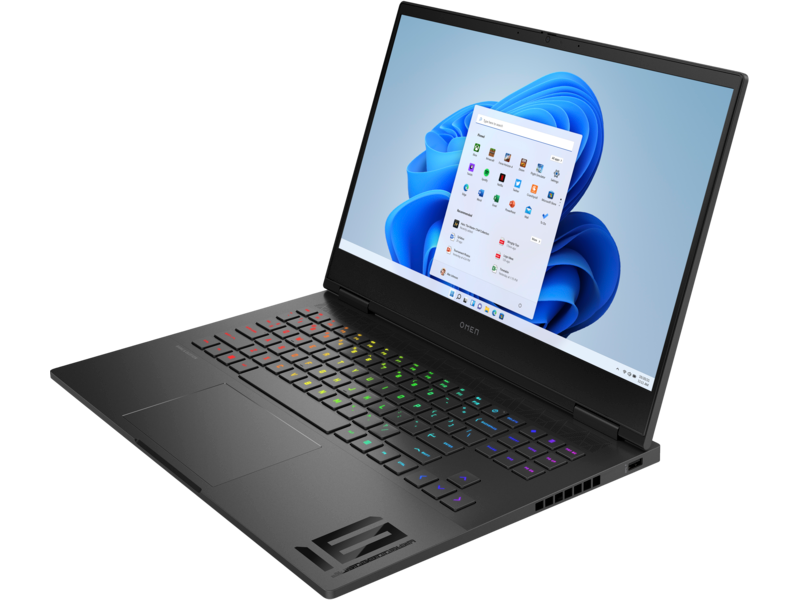 Siyah OMEN dizüstü bilgisayar, açık, renkli bir klavye ve ekranda Windows 11 masaüstü gösteriyor.