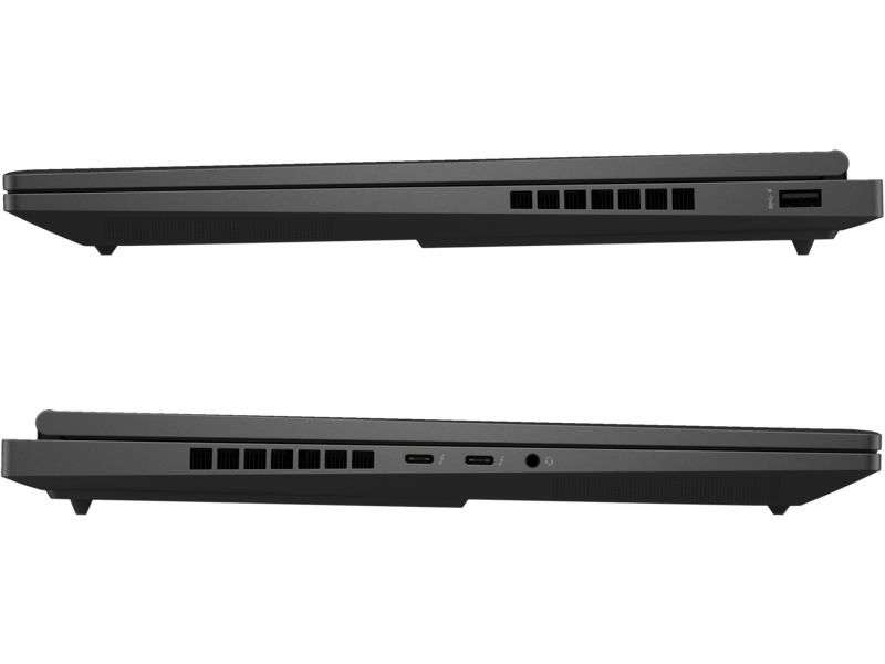 Yan yana iki siyah dizüstü bilgisayar, yan görünüm, portlar görünür.