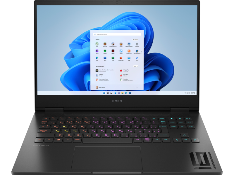 Açık bir Windows 11 ekranı olan siyah bir dizüstü bilgisayar. Klavyede renkli ışıklar var.