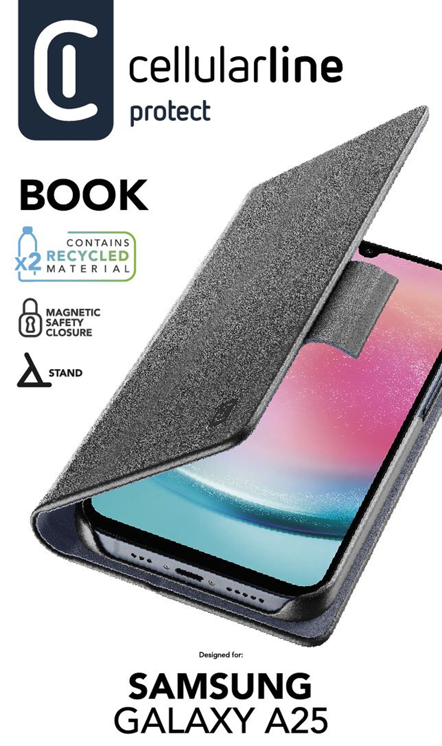 Cellularline telefoonhoes, grijs getextureerd, open met telefoon erin, en een standfunctie.