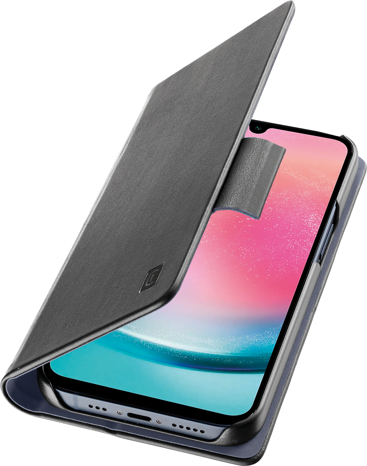 Telefoon in een donkergrijze hoes, de cover geopend om het scherm te onthullen.