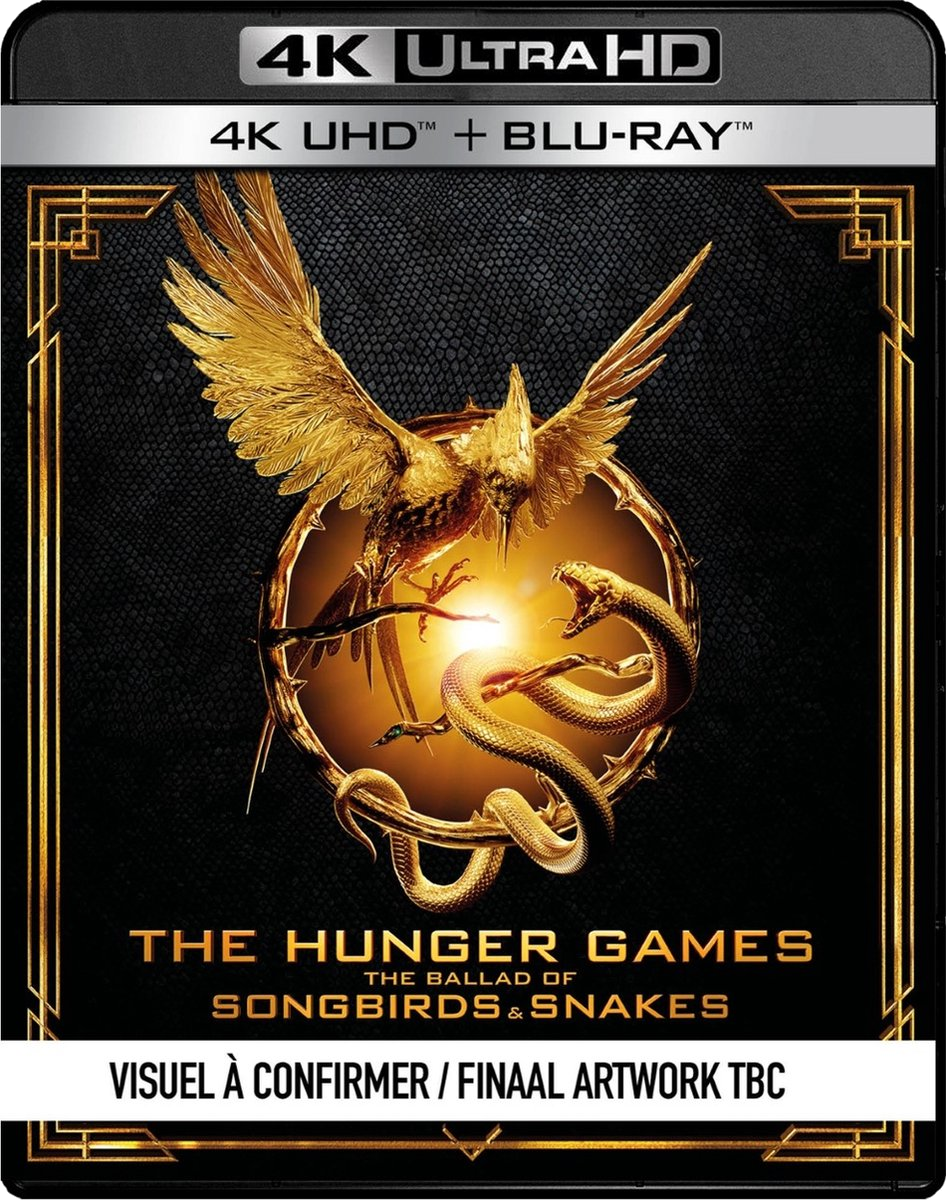 Couverture du film Hunger Games avec un oiseau doré et un serpent sur fond noir.