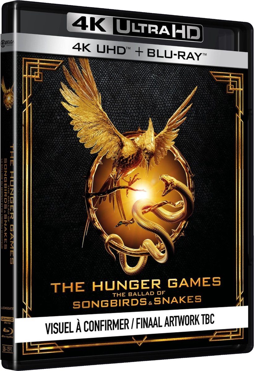 Jaquette Blu-ray du film avec oiseau doré, serpents et texte 'The Hunger Games: The Ballad of Songbirds & Snakes'.