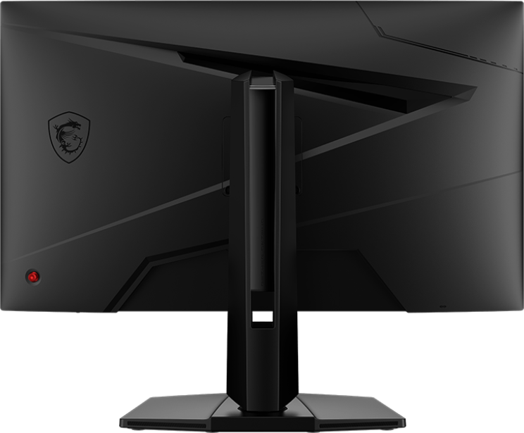 Rückansicht eines schwarzen Computermonitors mit Ständer und Logo.