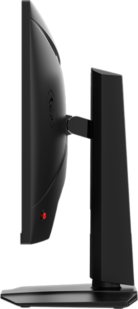Seitenansicht eines schwarzen Computermonitors mit rotem Einschaltknopf und MSI-Logo.