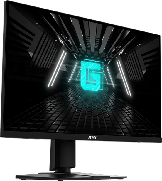 Ein schwarzer MSI-Gaming-Monitor vor dunklem Hintergrund mit blauem G-Logo.