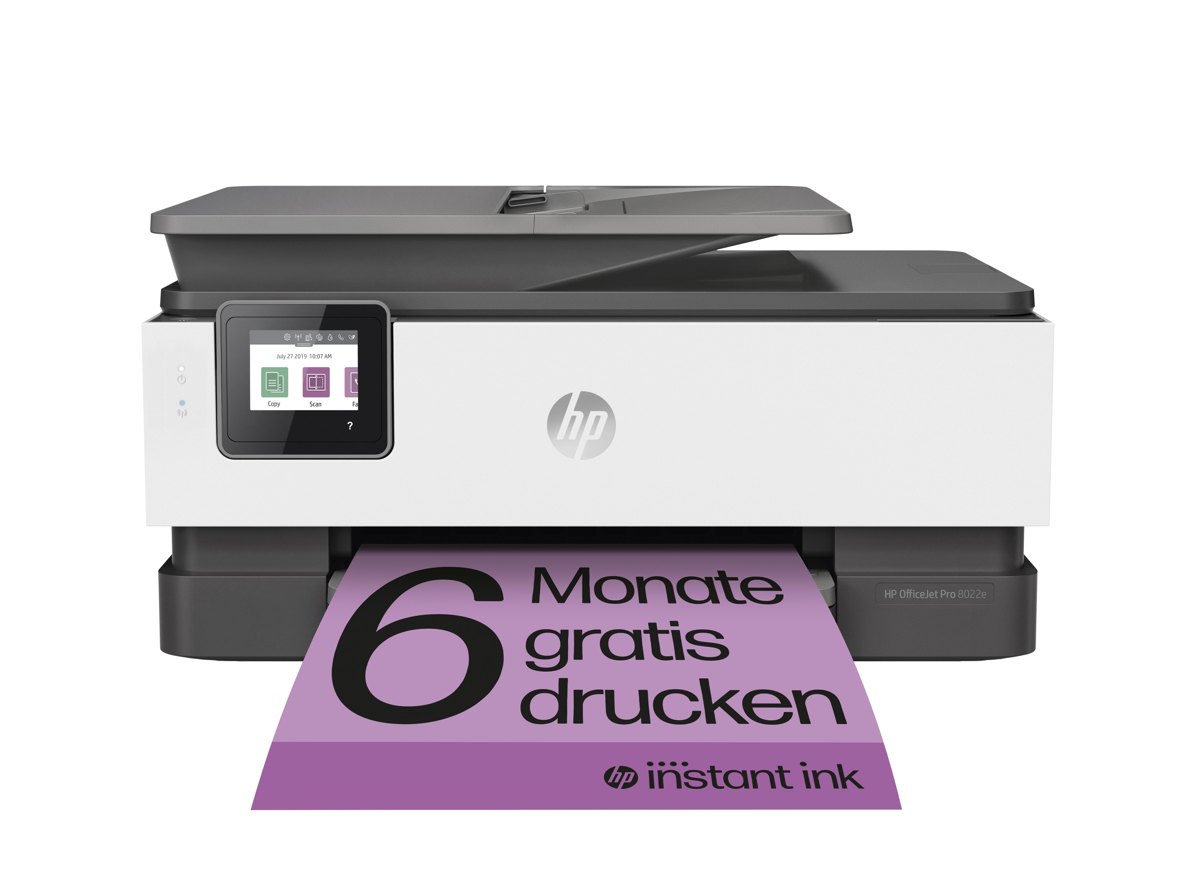 Ein HP-Drucker. Er ist weiß und grau, mit einem Bildschirm und bedruckt Papier mit lila Text.