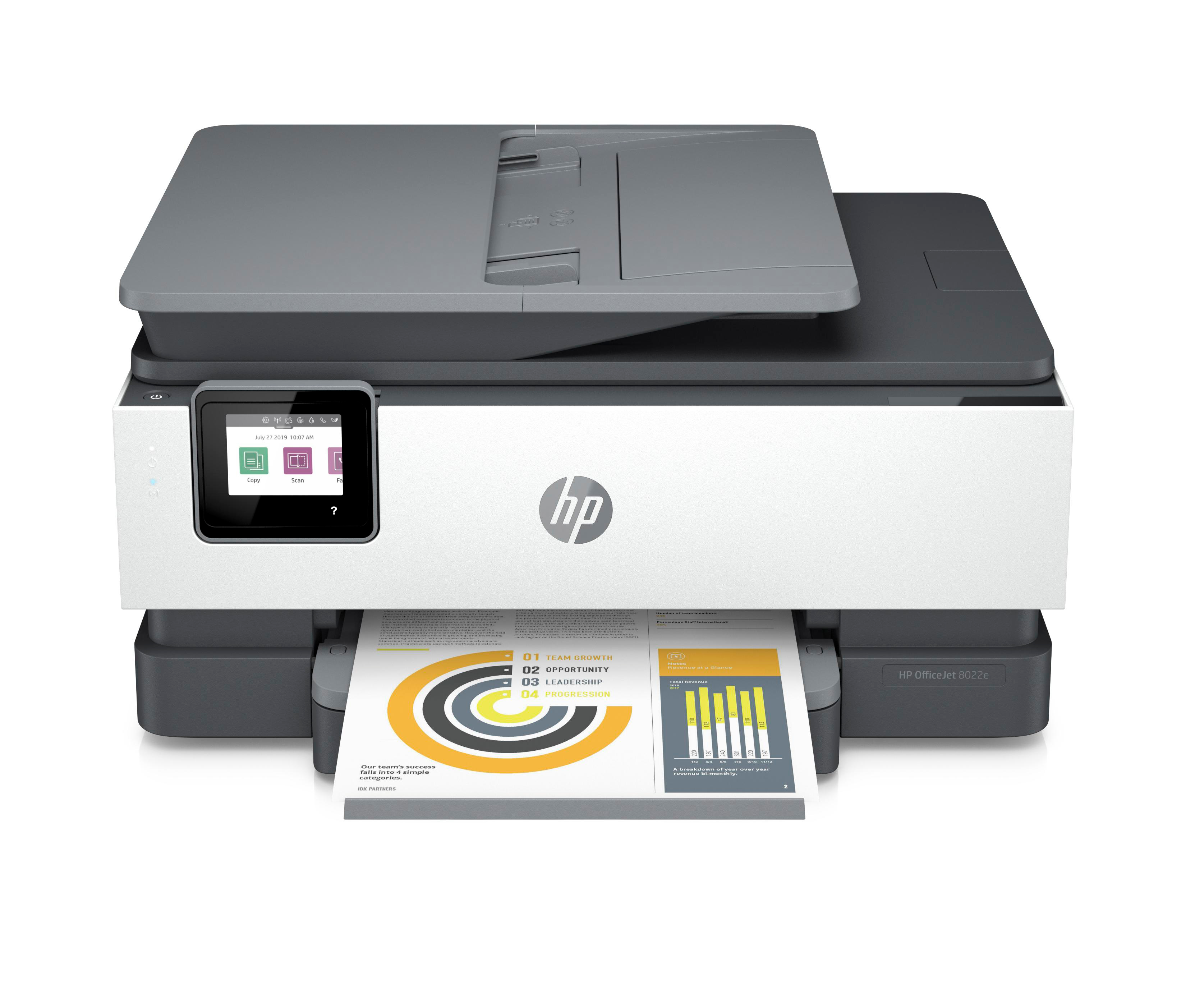 HP OfficeJet Drucker, der ein Dokument mit Diagrammen und Grafiken druckt. Weißer Hintergrund.