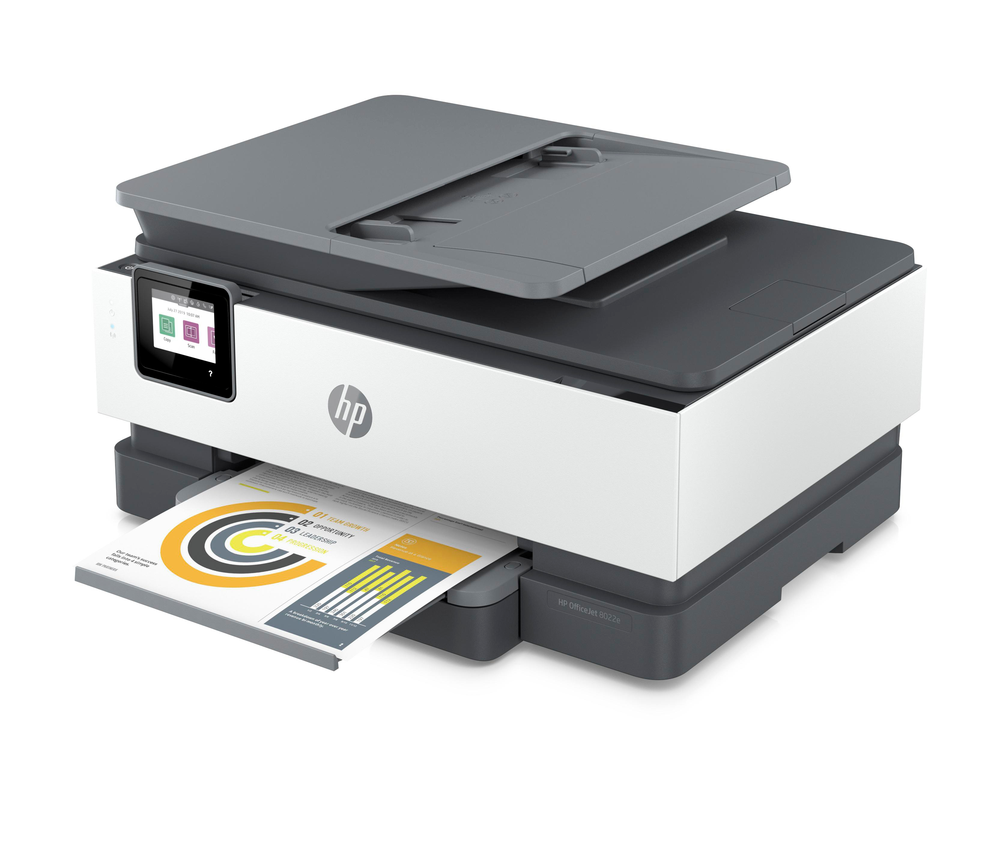 HP OfficeJet Pro Drucker mit einem bedruckten Papier.