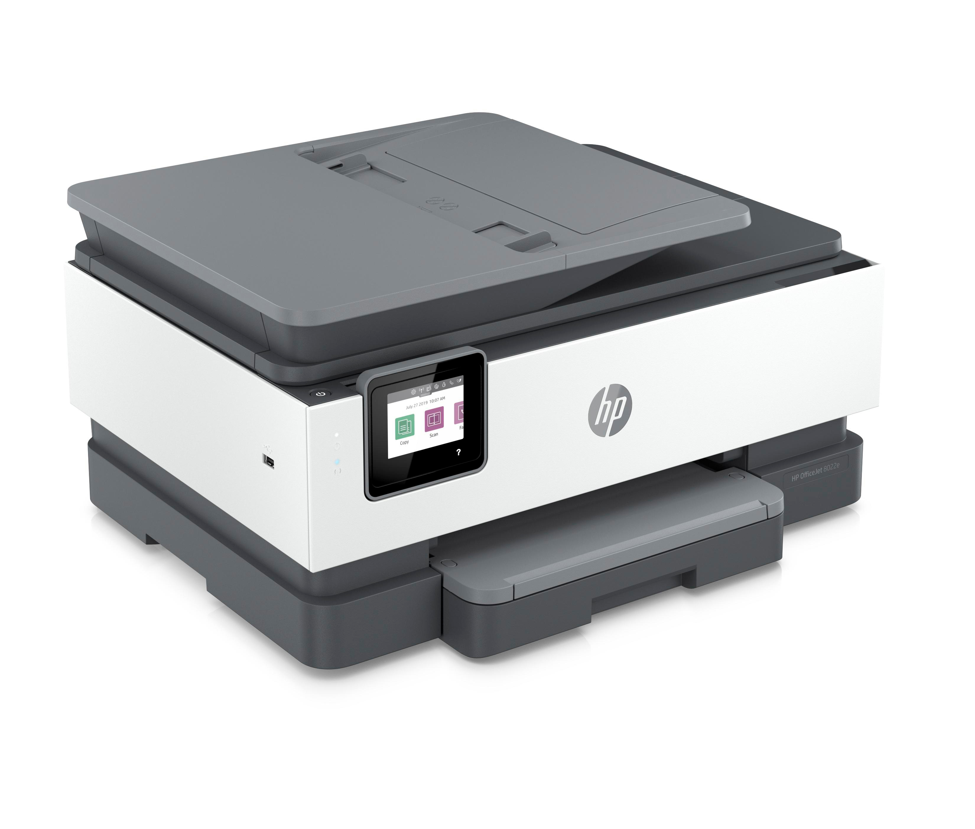 HP OfficeJet Pro Drucker. Das Fach ist geöffnet, und die Oberseite ist offen.