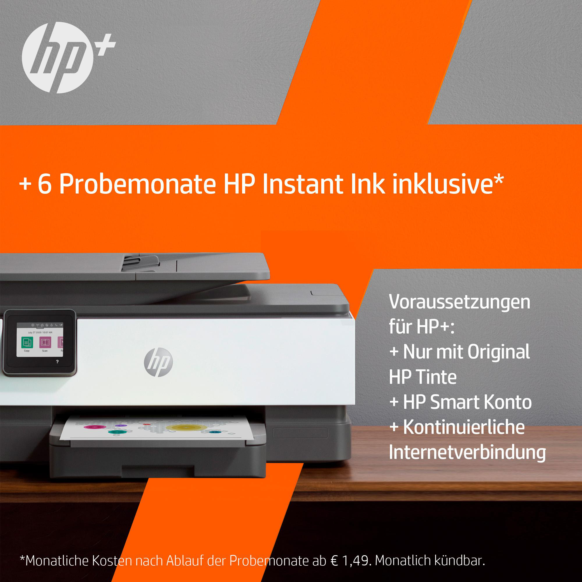 HP-Drucker mit Text über HP Instant Ink und zusätzliche Anforderungen.