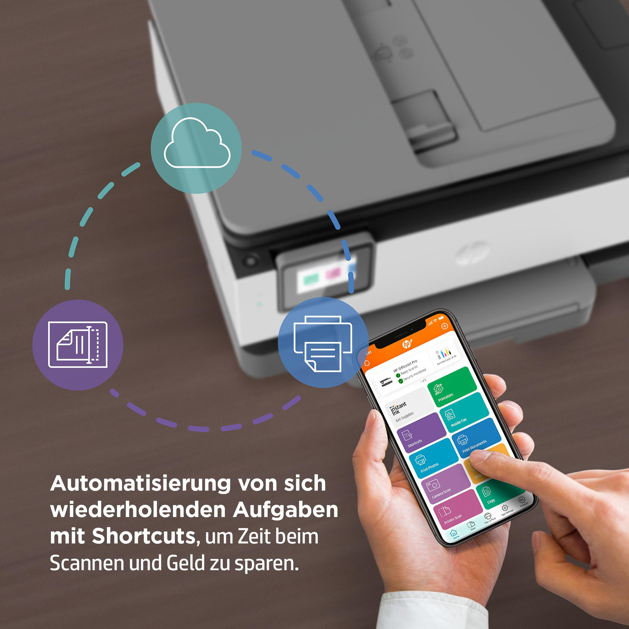 HP-Drucker mit Telefon, das die Druck-App-Oberfläche zeigt.