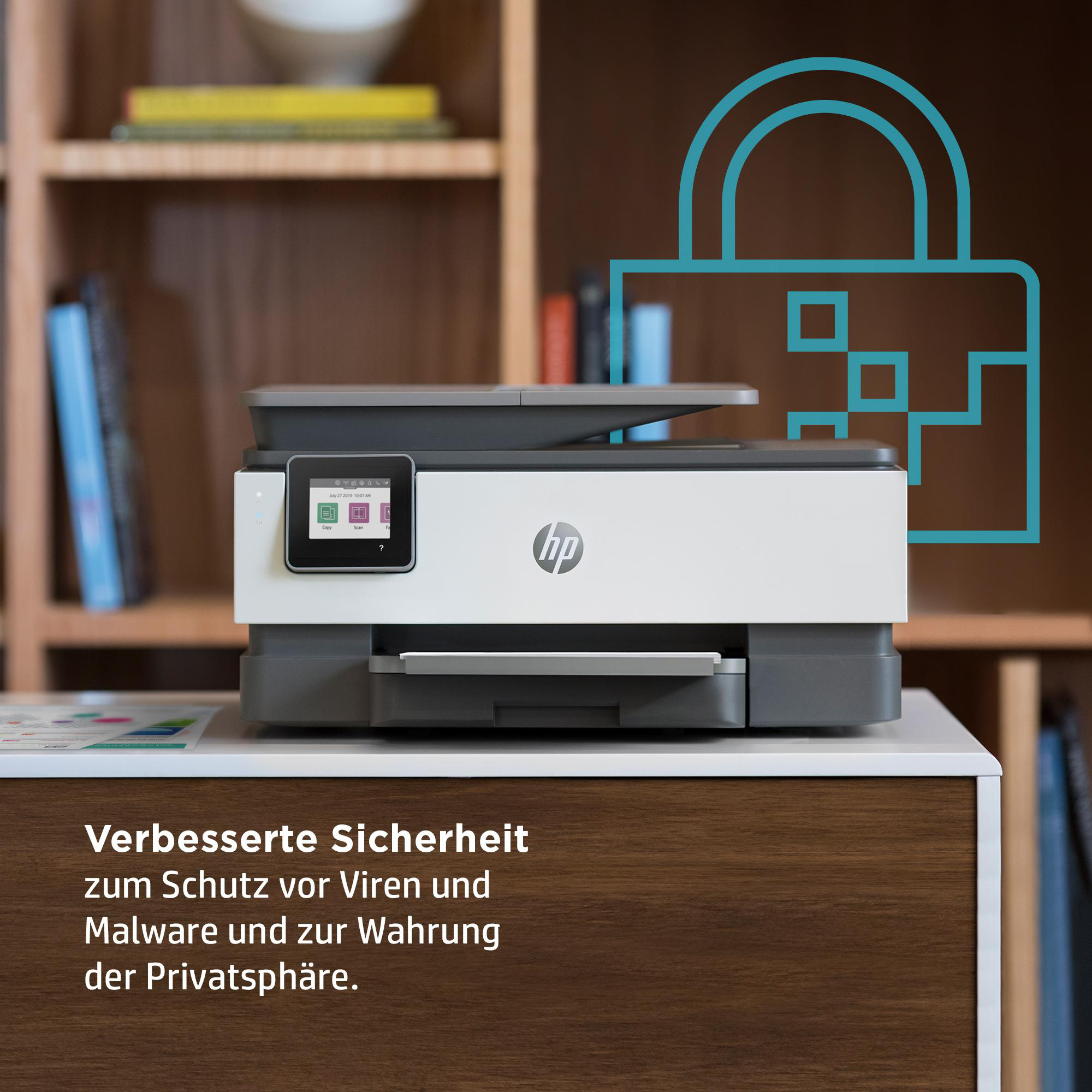 Ein HP-Drucker mit einem Schlosssymbol, das erweiterte Sicherheitsfunktionen suggeriert.
