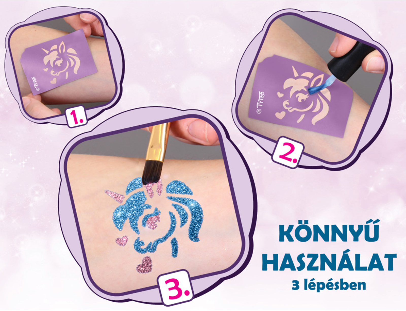 Három kép, amely bemutatja az ideiglenes tetoválás felvitelének lépéseit csillámporral.