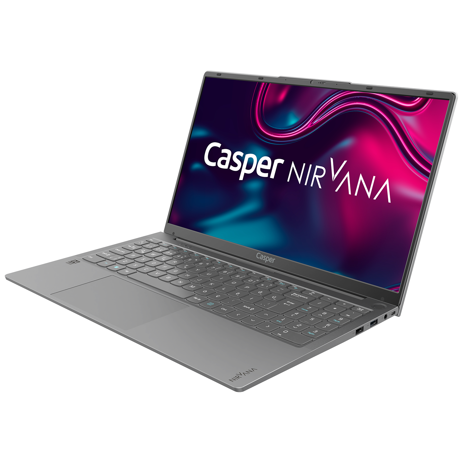 Casper NIRVANA başlıklı gri bir dizüstü bilgisayar, siyah bir yüzeyde açık. Ekran renkli bir tasarım gösteriyor.
