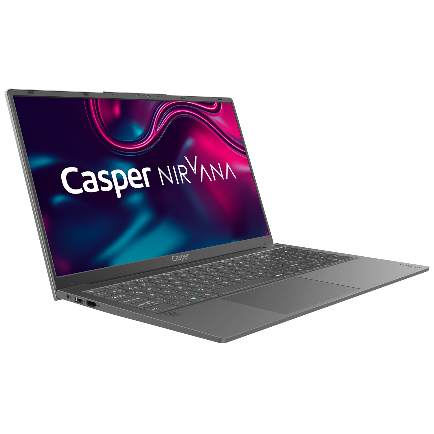 Casper Nirvana dizüstü bilgisayar, açık, Casper logosu gösteriliyor.