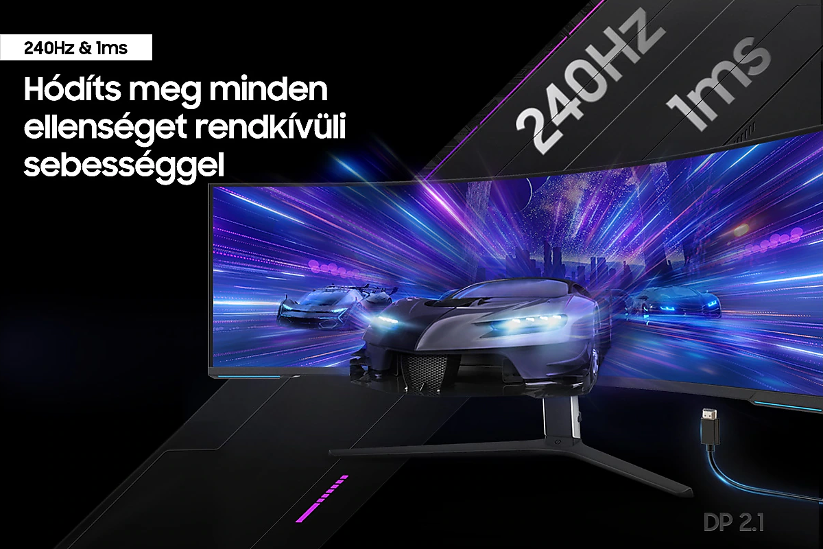 Ívelt monitor, mely versenyautós játékot jelenít meg, kék-lila háttérrel.